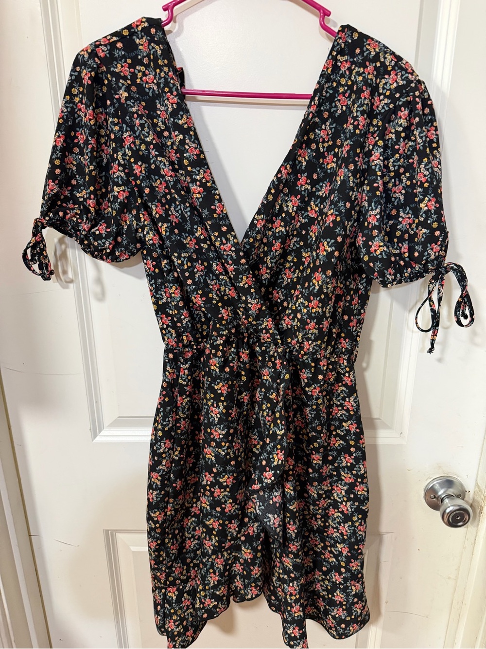 Purple Snow Black Floral Wrap Mini Dress with Puff Sleeves